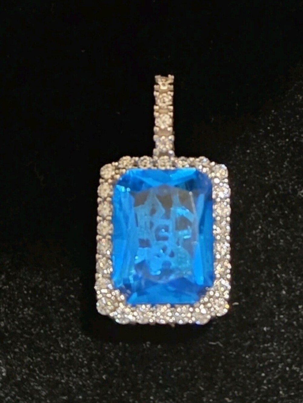 Iced Out Solid 925 Sterling Silver Natural Blue Sapphire & Moissanite Pendant - Picture 3 of 12